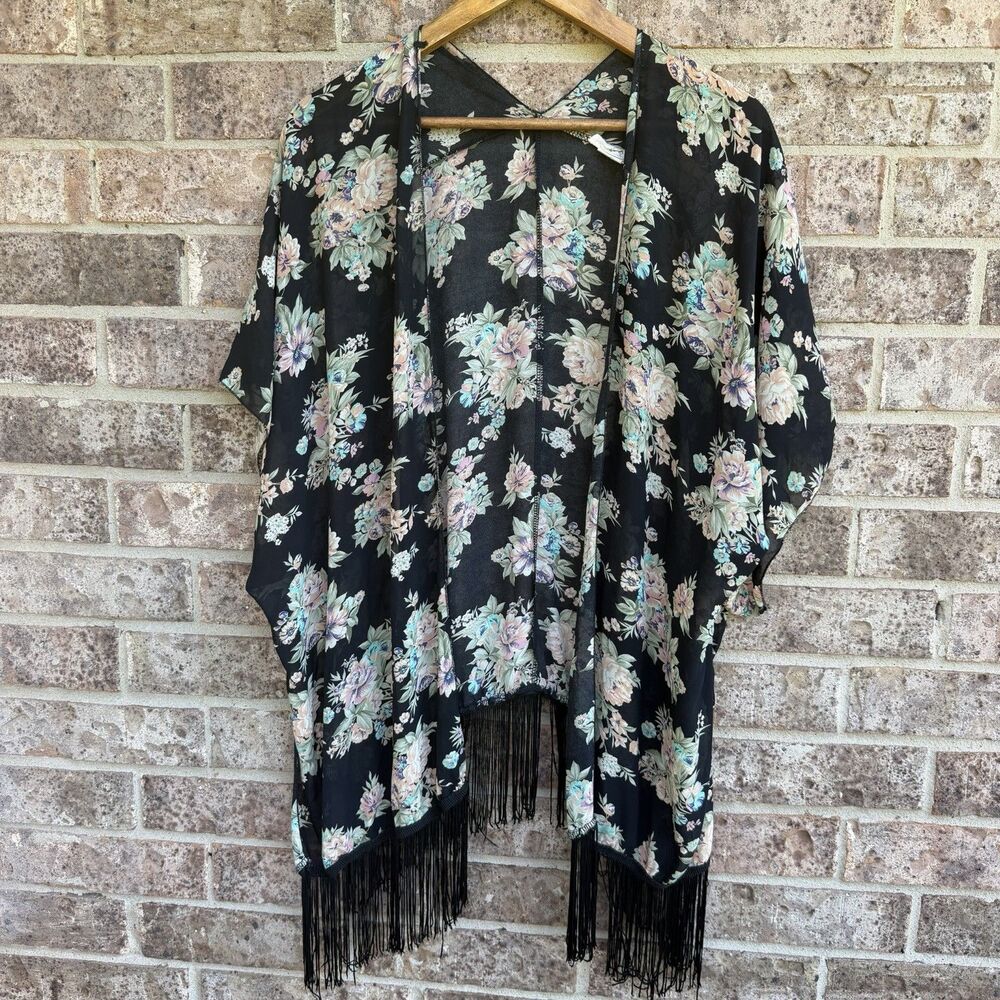Poetry Kimono Top Wrap Coverup Floral Cottage Flowy Boho Womens Fairy Resort L